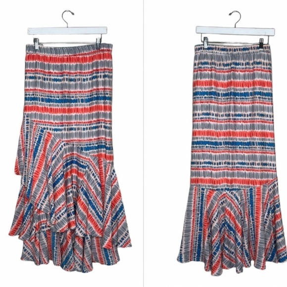 Tolani Boho Ruffle Tiered Asymmetrical Maxi Skirt Gray Orange Blue Size Large - Picture 1 of 16